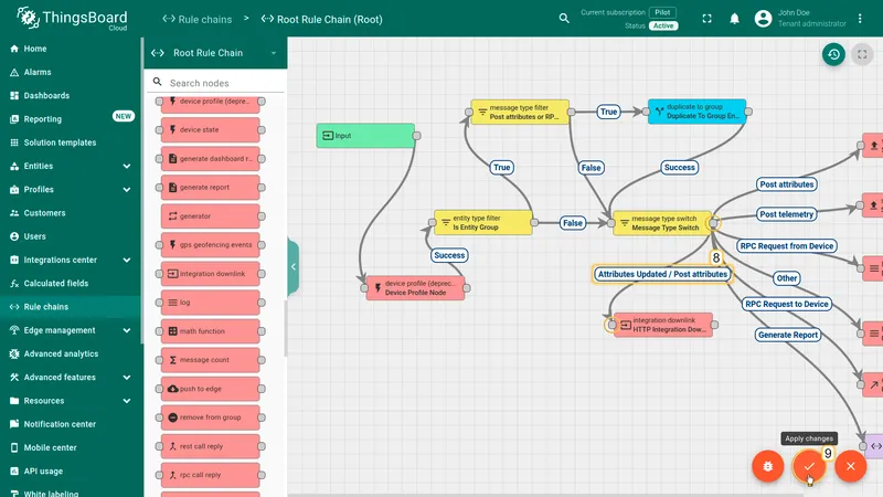Rule chain with integration downlink node connected to Attributes Updated output