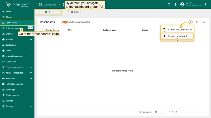 Navigate to the **Dashboards** page. Click on the "**+**" icon in the top right corner. Select **Import dashboard**.