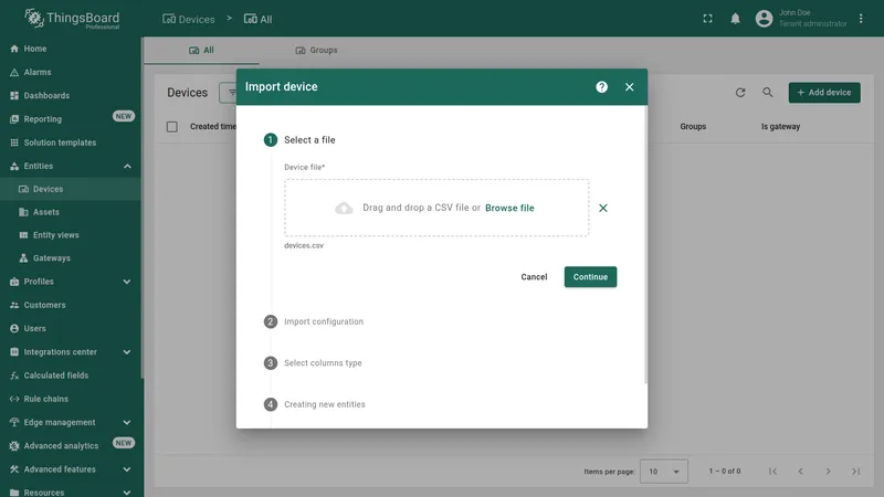 Import device dialog Step 1 Select a file with CSV upload area
