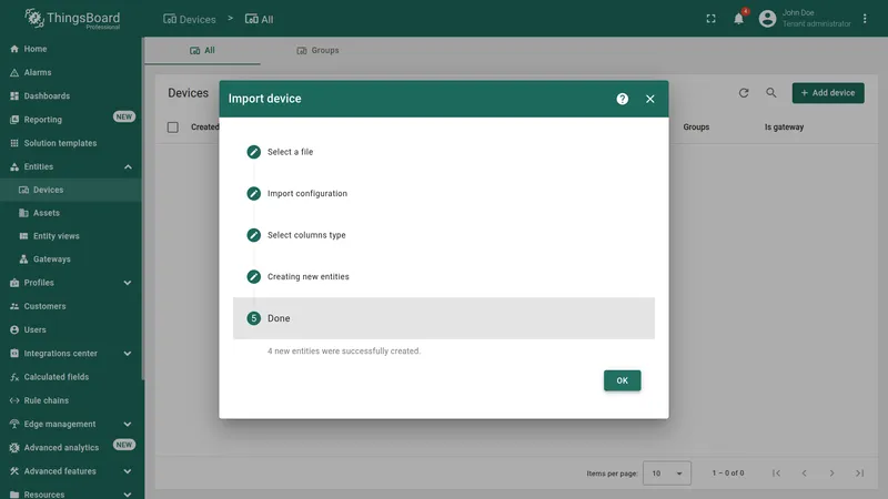 Import device dialog completion showing success message with created entities count