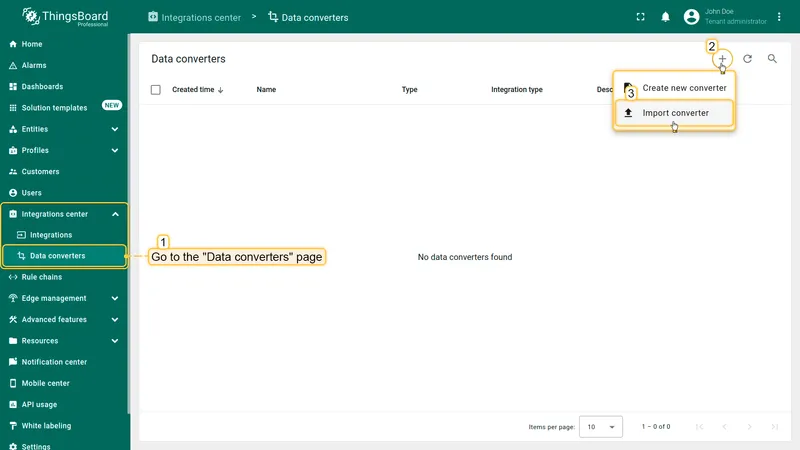 Navigate to the "**Data converters**" page in the "**Integration center**" section. Click the "**+**" icon in the top-right corner of the page and select "**Import converter**" from the drop-down menu.
