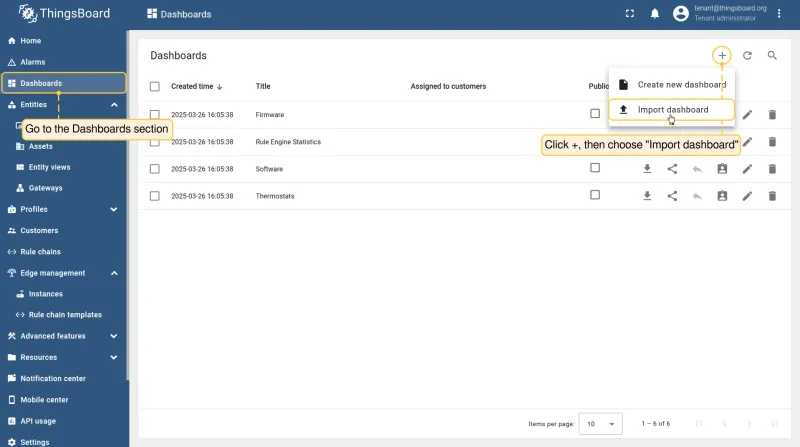 Dashboards section with Import dashboard option selected