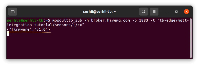 Terminal showing the incoming downlink message from ThingsBoard Edge
