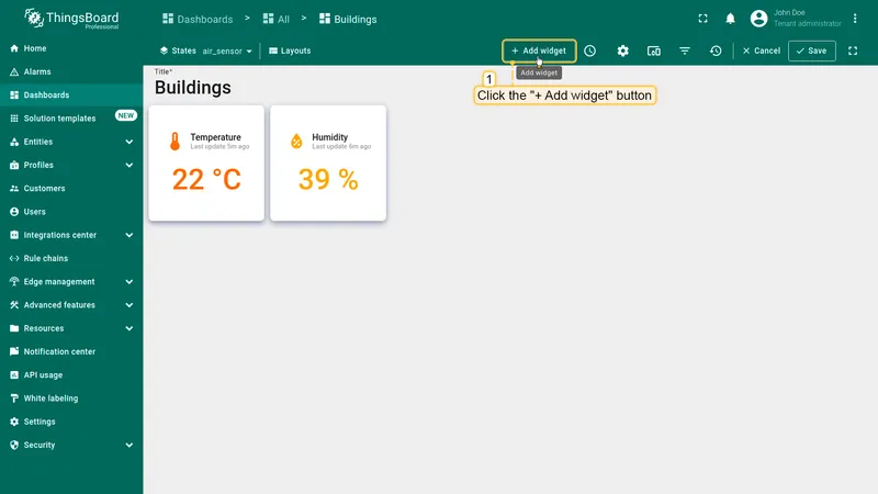 Dashboard in edit mode with Add widget button highlighted