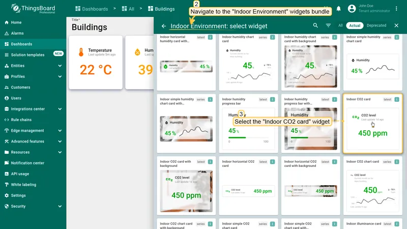 Indoor Environment widgets bundle with Indoor CO2 card highlighted