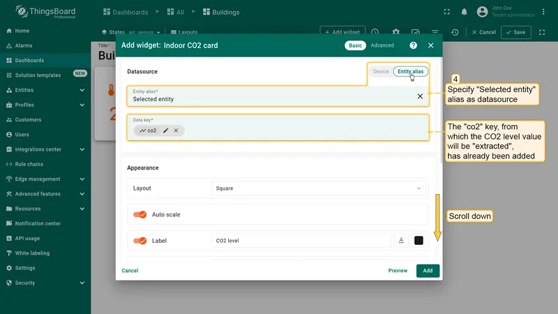 Datasource set to Selected entity with co2 key configured