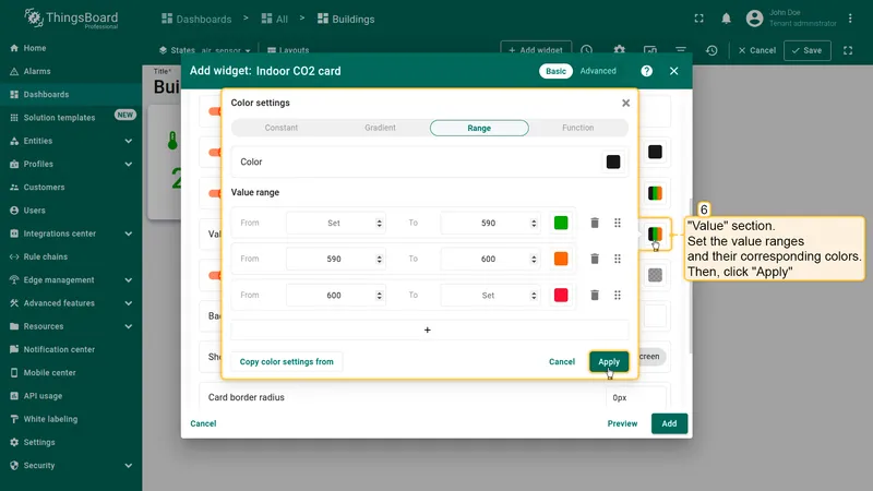Color settings dialog with Range tab for value color configuration
