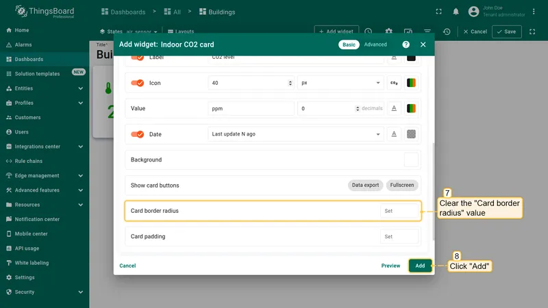 Card appearance settings with border radius cleared