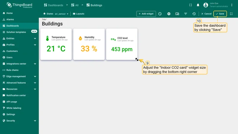 Dashboard with CO2 widget resized and Save button highlighted