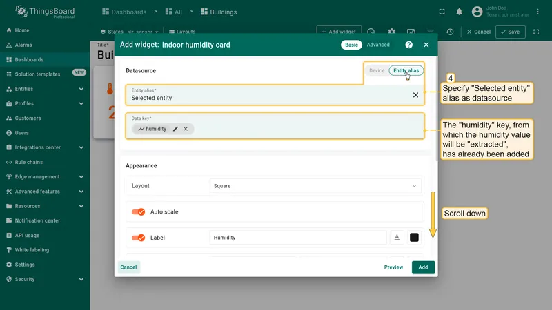 Datasource set to Selected entity with humidity key configured