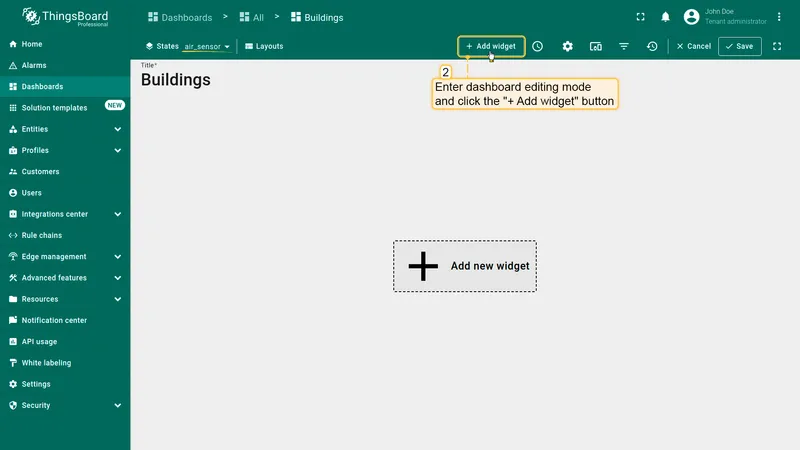 Dashboard in edit mode with Add widget button highlighted
