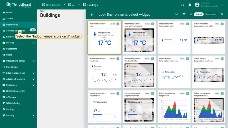 Indoor Environment widgets list with Indoor temperature card highlighted