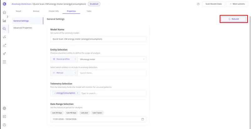 Properties tab General Settings with the Rebuild button highlighted in the top-right corner