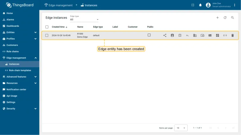 Edge instance listed at the top of the Instances list