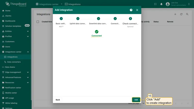 Add integration button to complete MQTT integration setup