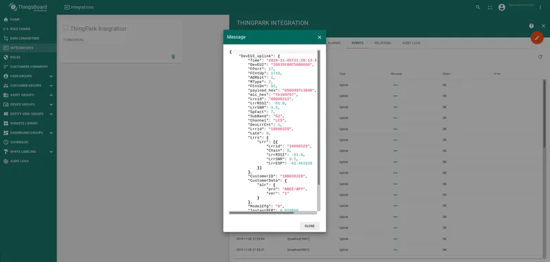 ThingPark integration Events tab with raw uplink message