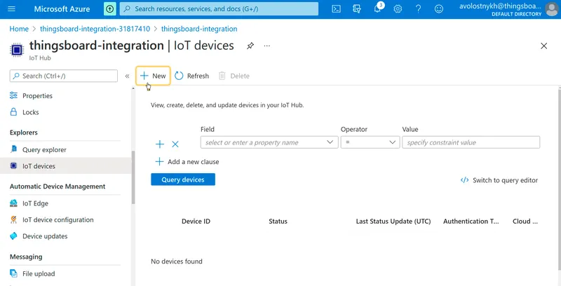 IoT devices page with + New button highlighted and no devices in the list
