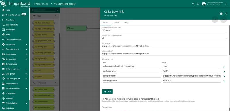 ThingsBoard Kafka Downlink rule node — Events tab with Debug filter active showing POST_TELEMETRY Success entries; Data popup open displaying the published JSON payload with deviceName, temperature, humidity, and other fields