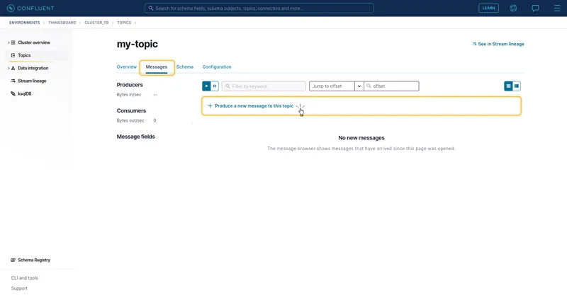 Confluent Cloud — topic Messages tab with Produce a new message button visible