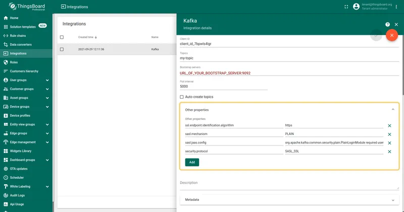 ThingsBoard Kafka integration Connection step — Other properties section expanded showing all four SASL/SSL key-value pairs: ssl.endpoint.identification.algorithm https, sasl.mechanism PLAIN, sasl.jaas.config with credentials, security.protocol SASL_SSL