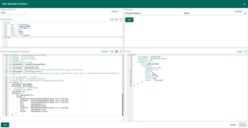 Test decoder function dialog — sample JSON payload entered in the Payload field on the left, decoded output on the right showing deviceName, deviceType, telemetry with Temperature, Humidity, Fan, Pressure, and other fields