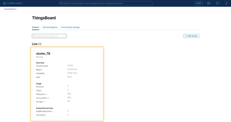 Confluent Cloud — environment page listing cluster "cluster_TB" (Running, Azure, westeurope)