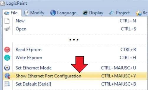 File menu with Show Ethernet Port Configuration option