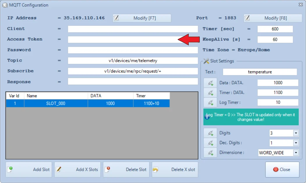 MQTT configuration — access token field with pasted token