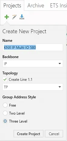 In the opened ETS main window, create new project (use default setting for creating, except "**Name**" field)