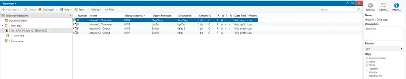 In the "**Group Objects**" tab click on first group object and in the right sidebar in the section "**Flags**" enable **Write** and **Read**. Repeat this actions for the rest group objects.