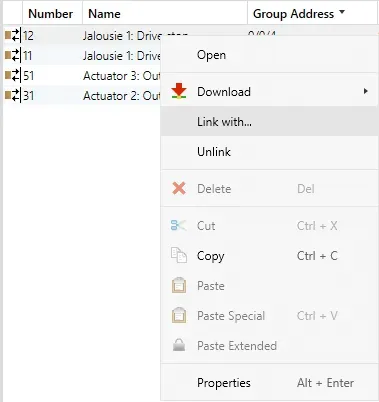 In the "**Group Objects**" tab right click on first group object (Jalousie 1: Drive stop) and select "**Link with…**" button.