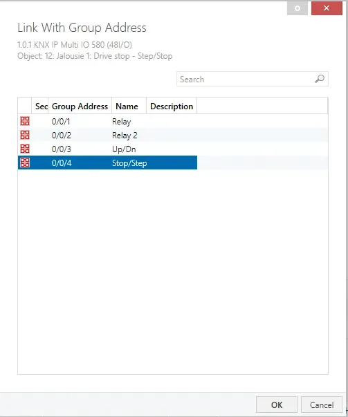 In the opened modal window click on "…" button, in the opened window select "0/0/4" group address. Repeat this action for the rest group objects.