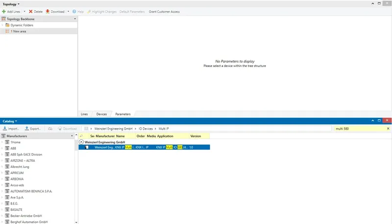 In the window that opens at the bottom side, use the search field to look for "**Multi 580**". Double click on found device. New device will be added.