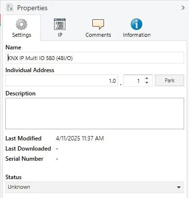 Click on "**Settings**" button under "**Properties**" tab and fill in "**Individual Address**" with "**1.0.1**", click on "**Park**" button.