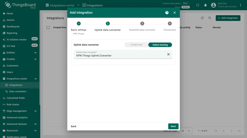 Add integration wizard — Uplink data converter step: Select existing tab active, KPN Things Uplink Converter selected in the field