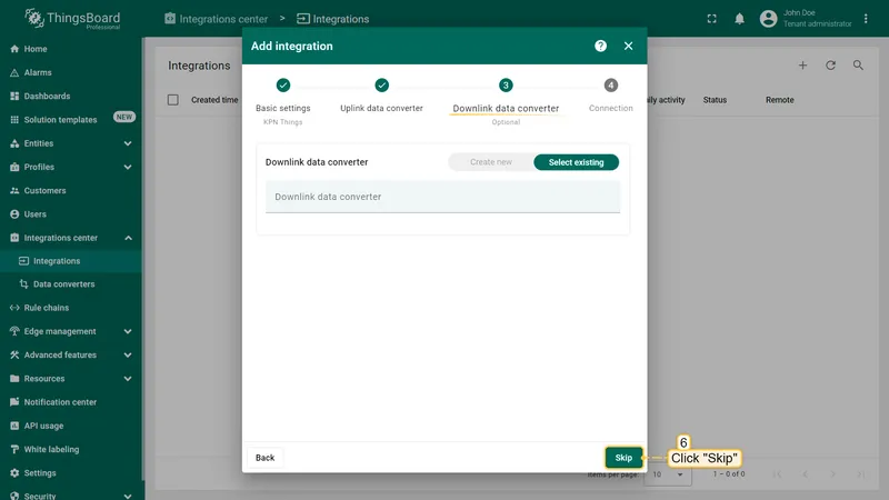 Add integration wizard — Downlink data converter: field empty, Skip button highlighted