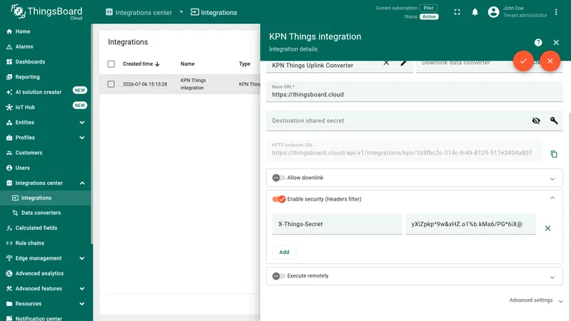 ThingsBoard — KPN Things integration edit mode with Enable security (Headers filter) toggle enabled, X-Things-Secret header name and generated token value filled in, Add button visible