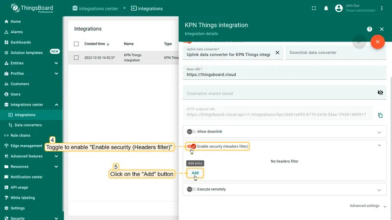 KPN Things integration edit mode — Enable security (Headers filter) toggle on, Add button visible