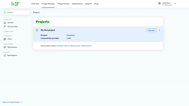 KPN IoT portal — Things Manager Projects page showing My first project with Freemium subscription and LoRa connectivity provider
