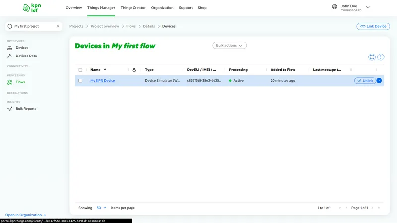 KPN IoT portal — Devices in My first flow list showing My KPN Device with Device Simulator type and Active status