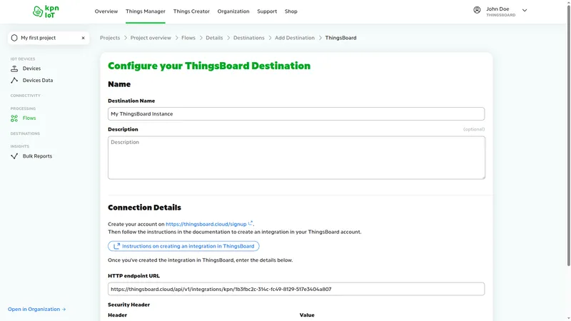 KPN IoT portal — Configure your ThingsBoard Destination form showing Destination Name field and Connection Details section with HTTP endpoint URL field and Security Header section