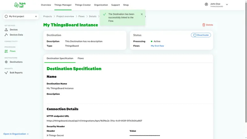 KPN IoT portal — My ThingsBoard Instance destination detail page showing Processing Active status, Flows linked to My first flow, and success toast: The Destination has been successfully linked to the Flow