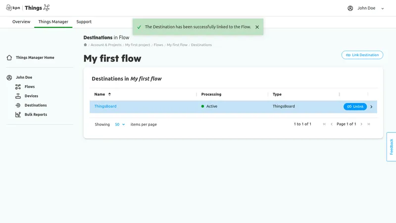 KPN Things Destinations in My first flow — ThingsBoard destination listed as Active, success toast visible