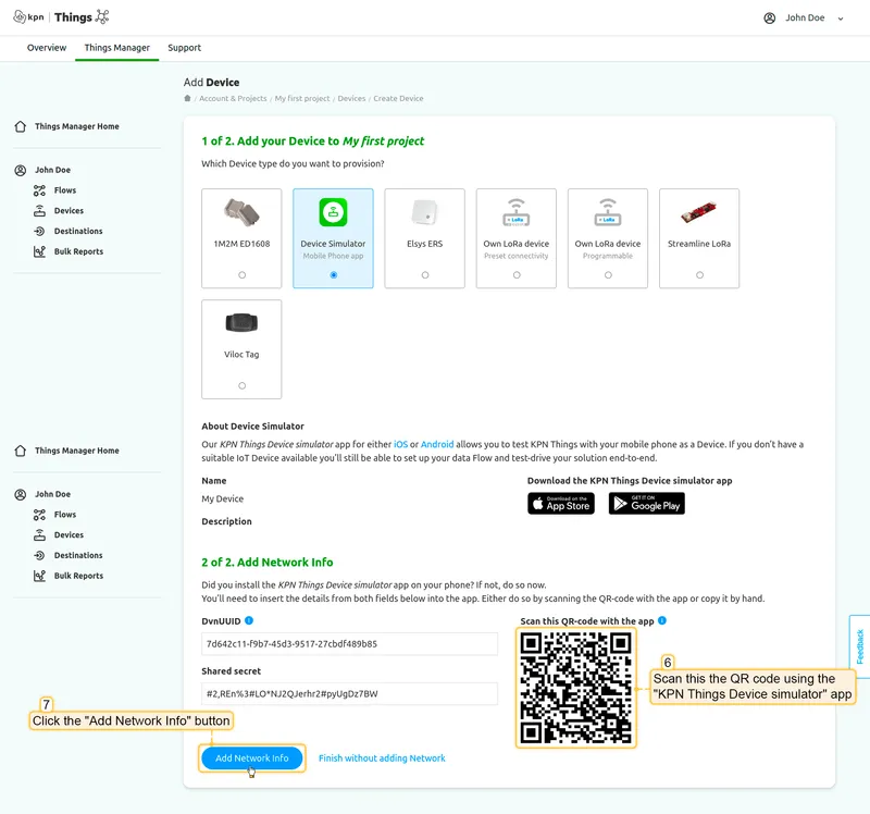 KPN Things Add Device — QR code and Add Network Info button; Shared Secret warning visible