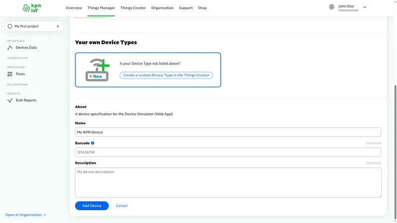 KPN IoT portal Add Device — Name field showing My KPN Device, Barcode field, Add Device button