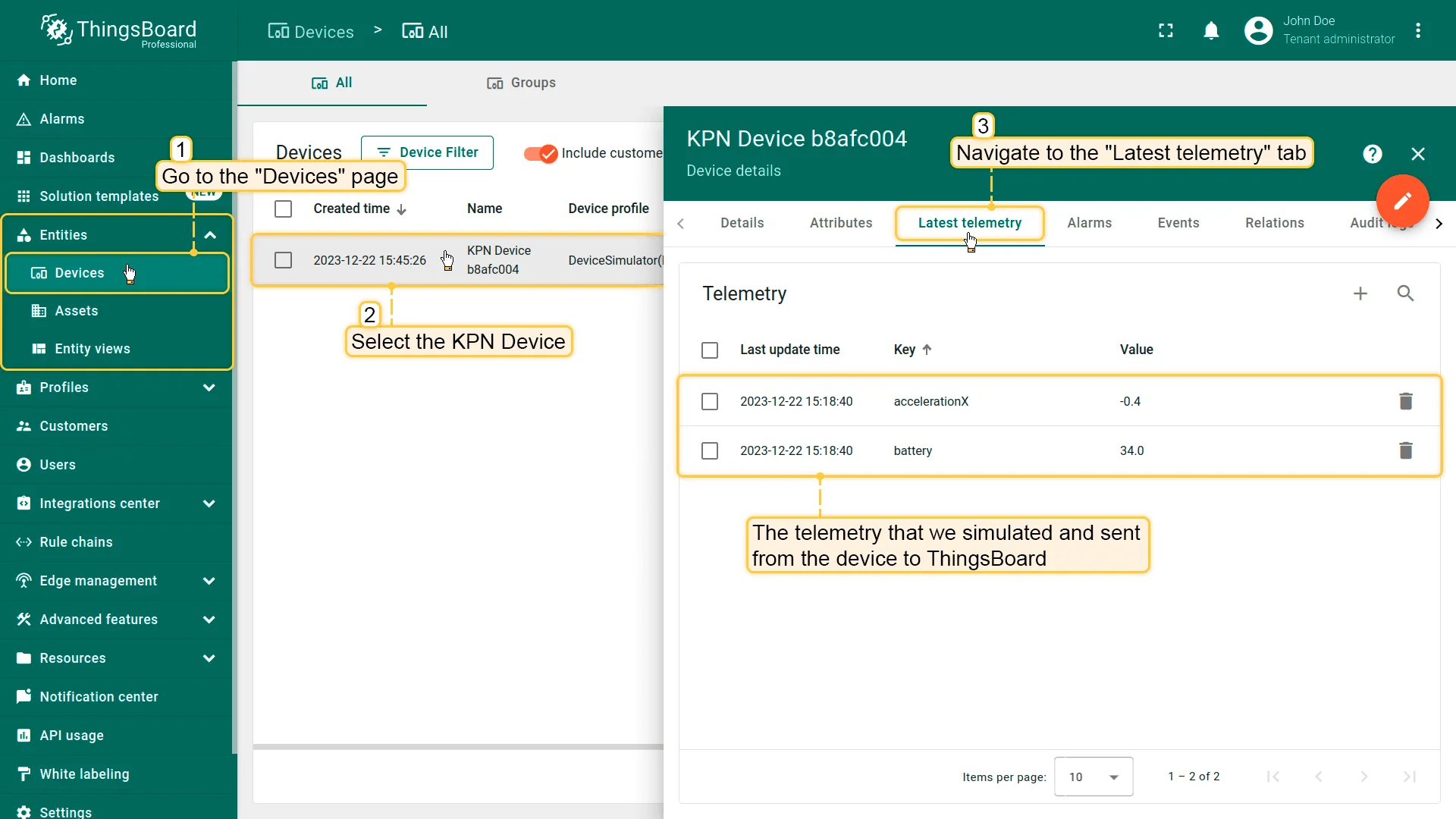 ThingsBoard Devices page — KPN Device selected with Latest Telemetry tab showing accelerationX and battery values