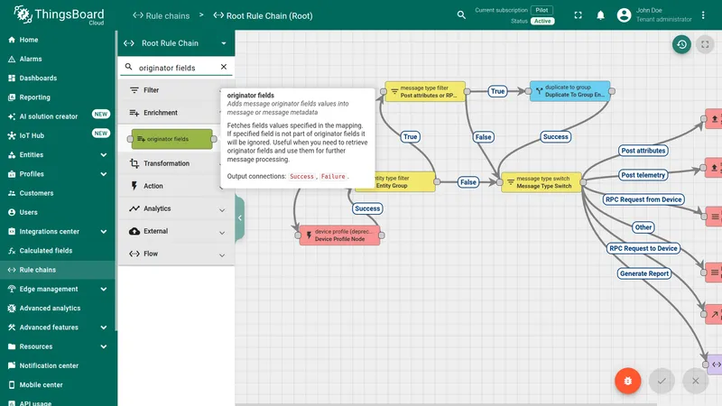 Root Rule Chain node panel with originator fields search result highlighted under Enrichment category