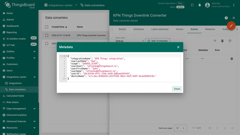 Downlink converter Metadata panel showing integration name, username, and device URN context