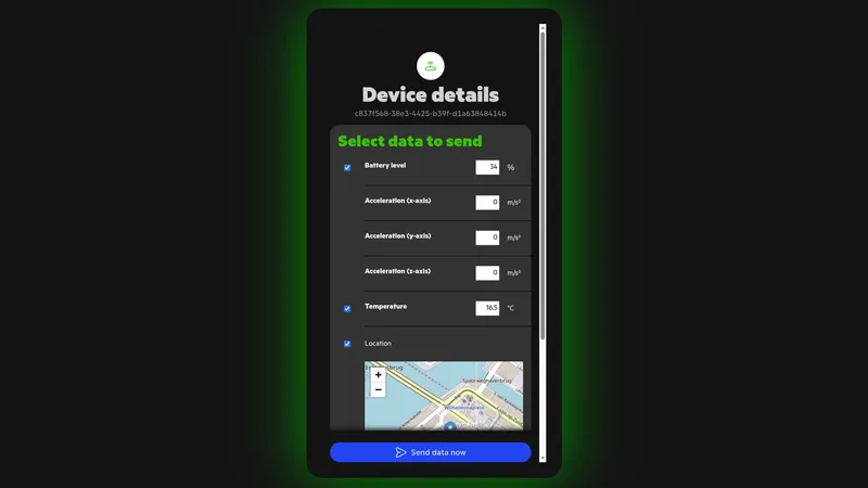 KPN Things Device Simulator web app — Select data to send screen showing Battery level 34%, Temperature 16.5°C, and Location fields enabled, with Send data now button