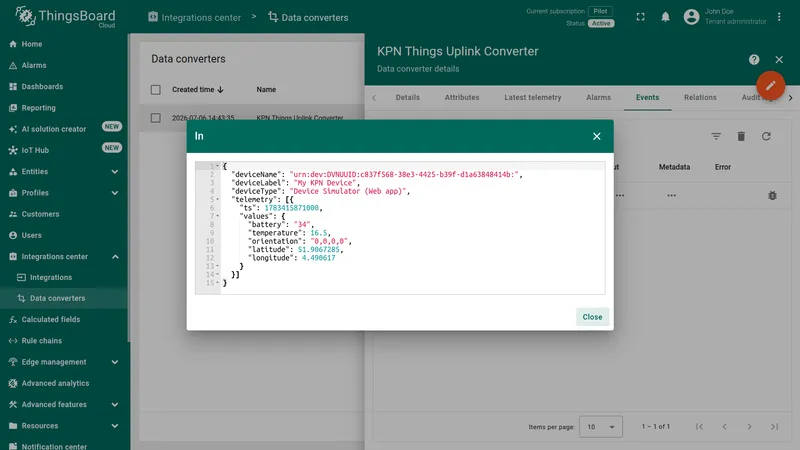 KPN Things Uplink Converter In payload — decoded JSON with deviceName, deviceLabel, deviceType, and telemetry values including battery, temperature, latitude, longitude, and orientation